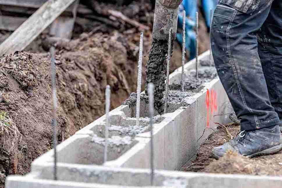 Builders pouring reinforced concrete for a new foundation footing in Brunswick OH.
