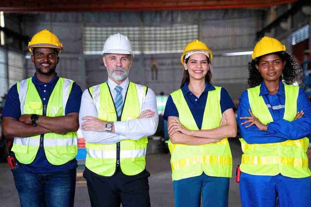 Diverse group of confident construction workers standing together in a warehouse symbolizing teamwork and reliability in Brunswick OH.
